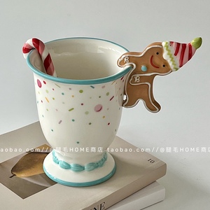 可爱立体姜饼人陶瓷马克杯带勺创意圣诞水杯礼物小众早餐咖啡杯