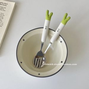 可爱卡通创意大葱陶瓷柄不锈钢勺子叉子套装带盒学生儿童餐具饭勺