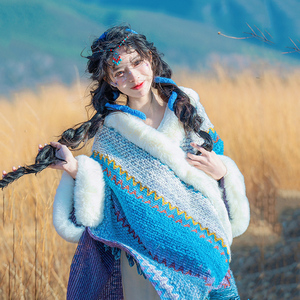 民族风斗篷毛领云南披肩气质女围巾新疆大理西藏旅游毛毛外搭披风