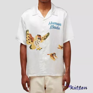 HUMAN MADE新款猫头鹰字母印花人造丝夏威夷宽松休闲男女短袖衬衫