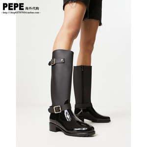 英国代购AS 欧美风时尚百搭黑色马靴款宽筒显瘦复古防水雨靴