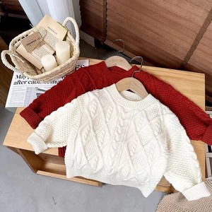 冬季韩版男女童长袖儿童加厚圆领套头红色麻花毛衣内搭针织上衣潮