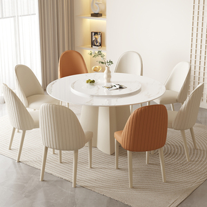 奶油风圆餐桌现代简约白色岩板圆形吃饭桌小户形网红桌椅组合