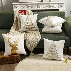 驯鹿金色银色圣诞节方枕立体节日靠垫绣花烫金圣诞树毛绒抱枕套