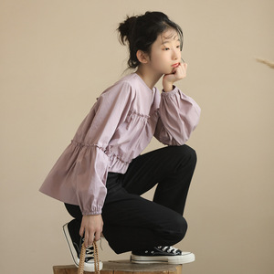 日系高端女童浅紫色衬衫2024春秋中大童宽松设计感上衣长袖娃娃衫