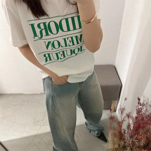 韩国东大门代购2024春季新款RIVER圆领绿色字母棉短袖T恤