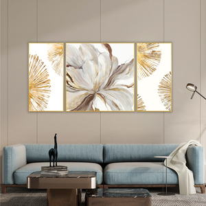 现代简约花卉手绘油画客厅沙发背景三联画孔雀装饰画银杏叶餐厅画