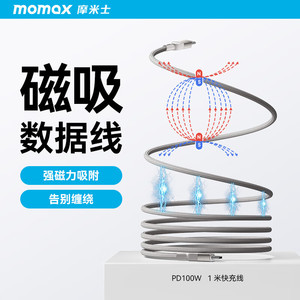 Momax摩米士磁吸线贴贴线PD100W快充Type-C编织线充电数据线适用苹果iPhone15安卓手机iPad平板