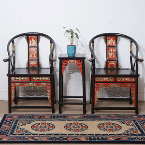 中式仿古实木圈椅太师椅三件套官帽椅榆木单人皇帝椅雕花主人椅子