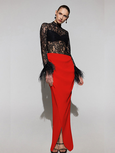欧美新款性感黑色蕾丝拼接红色绷带裙小众设计风年会聚会礼服长裙