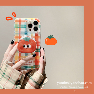 YUMIN SKY适用ins格纹番茄表情15苹果14ProMax手机壳iPhone13新款14磁吸13Pro支架12Pro情侣款max软胶保护套