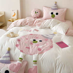 卡通粉色曲奇全棉水洗棉床上四件套纯棉少女心床单被套宿舍三件套