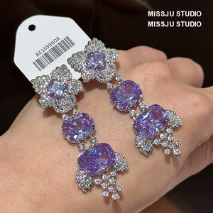时髦显瘦紫钻花树叶耳环高级感气质复古夸张镶钻重工浪漫紫色大钻