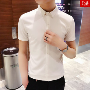 夏季潮流韩版修身弹力纯色衬衣男青年小领免烫伴郎团礼服短袖白衬