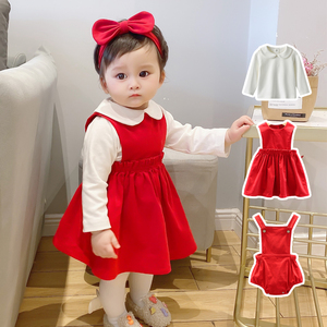 一周岁女孩衣服韩版红色公主裙女宝宝洋气套装礼服春秋百天拍照服