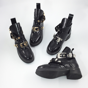 欧美短靴春靴女2023新款时尚复古机车靴镂空黑色粗跟马丁靴女鞋潮