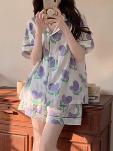 日本GP紫色郁金香睡衣女款夏季冰丝短袖高级感花朵家时尚居服套装
