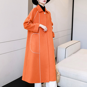 橙色双面羊绒大衣女中长款高端长袖通勤拼接韩版时尚宽松毛呢外套