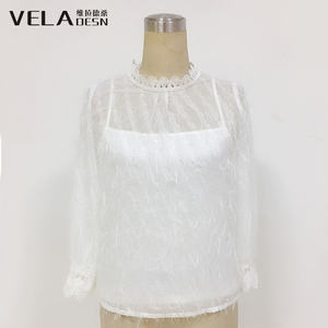 维拉德桑2019秋新款甜美蕾丝立领2件套白色美人丝雪纺上衣W19S123