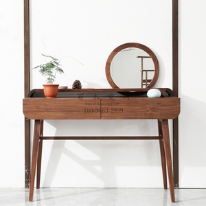 新中式梳妆台黑胡桃木全实木化妆镜桌椅组合梳妆桌免漆原木家具