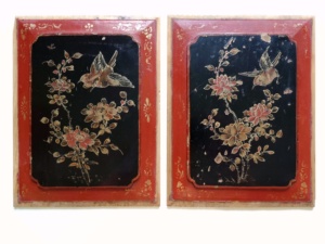 清代或民国时期大漆描金彩绘描金花鸟画板一对（md1812）