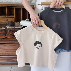 森系文艺~韩版儿童卡通头像短袖T恤男女宝宝个性洋气夏款上衣潮范