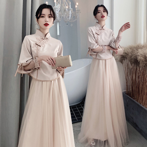 中式伴娘服2019新款冬季长款闺蜜装连衣裙仙气质婚礼姐妹团中