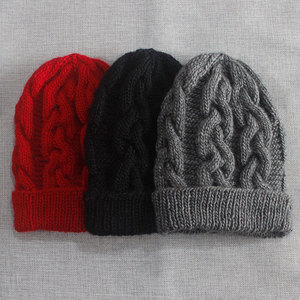 纯手工男女棒针针织羊毛翻边套头毛线帽冬天厚保暖大红帽子显脸小