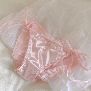 粉色法式缎面高级感仿真丝牛奶丝系带性感蕾丝花边女士低腰内裤