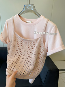 2件套～2024春夏韩版甜美显白短袖粉色T恤上衣少女针织吊带小背心