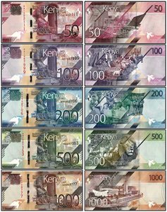 非洲全新肯尼亚50,100,200,500,1000先令纸币 2019年版 5枚大全套