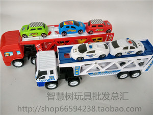 拖车玩具带四小车惯性 双层运输车 警车拖头车 平板卡车地摊货