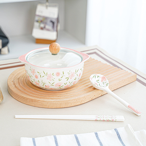 十里桃花陶瓷泡面碗一人食套装双耳碗勺子筷子螺蛳粉泡面碗带盖子