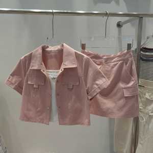 2024夏季新款粉色工装短袖短外套吊带背心超短裙三件套装裤套装女
