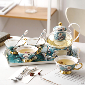 杜鹃鸟陶瓷玻璃加热花茶壶套装带过滤欧式下午茶茶具保温泡茶壶