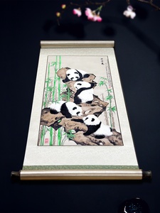 熊猫蜀锦蜀绣丝绸刺绣卷轴挂画中国风特色出国送老外礼物