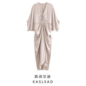 KASLEAD 新款 女装 欧美风丝缎质感长衫式连衣裙 4437092 808