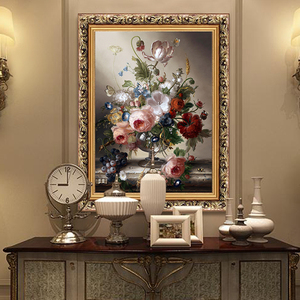 欧式牡丹油画客厅装饰画古典花卉餐厅玄关挂画壁画有框竖版墙画