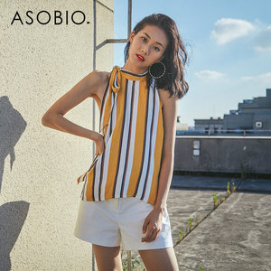 Asobio女装 条纹无袖系领衬衫印花杏黄色女士雪纺t恤上衣