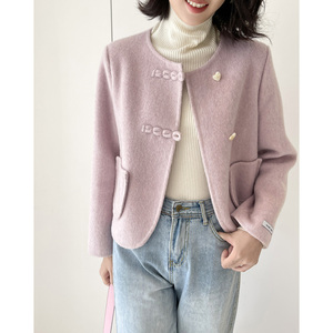 秋冬季新款中式国风紫色双面羊绒大衣女短款小个子小香风毛呢外套