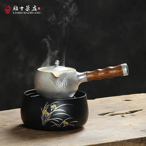 日式煮茶器 纯银饰侧把壶 莺歌烧电陶炉茶道电磁炉温茶过滤煮茶壶