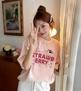 粉色卡通短袖T恤女夏季宽松纯棉韩版东大门学生潮草莓熊半袖上衣