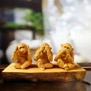 黄杨木雕居家动物摆件手工雕刻四勿猴工艺品文玩手把件三不猴礼品