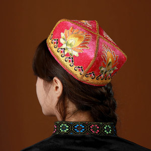 2024新款新疆舞帽子女带辫子维吾尔族舞蹈头饰少数民族风小花帽