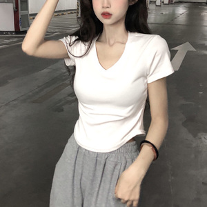纯欲风v领短袖t恤女白色小个子夏季新款韩版修身不规则上衣短款潮
