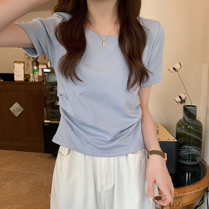 夏季2024新款韩版糖果色系高腰短袖T恤女不规则设计感短款上衣ins
