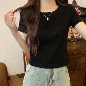 韩版黑色圆领正肩短袖t恤女2024夏季新款小个子修身显瘦短款上衣