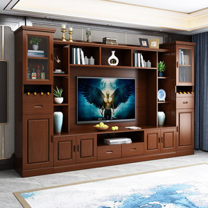 实木电视柜组合墙柜新中式客厅多功能象牙白电视背景柜橡木影视柜