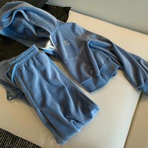 韩国休闲丝绒蓝色运动套装女秋冬洋气时尚宽松卫衣外套卫裤两件套