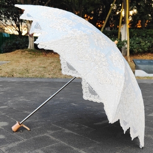 米白色蕾丝刺绣花边太阳伞黑胶防紫外线防晒遮阳晴雨两用二折洋伞